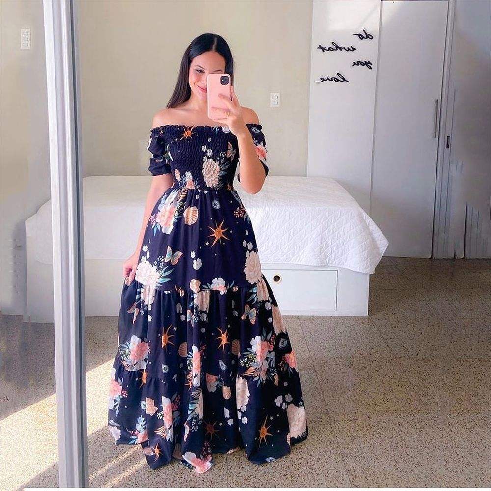Fashion Ladies Long Summer One-shoulder Floral Dress  (Available)