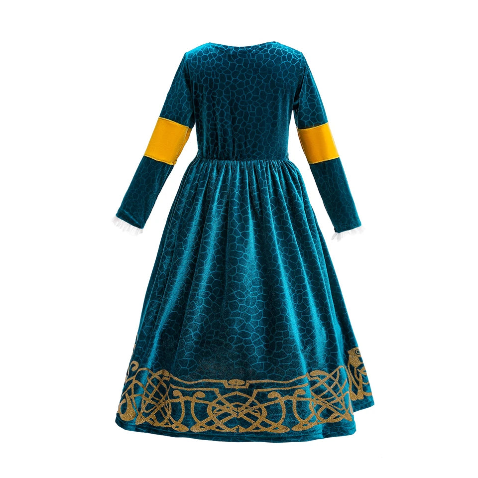 New Cartoon Movie Girls Princess Merida Dress Halloween Brave Princess Costume Children Green Velvet Long Sleeve Vintage Clothes