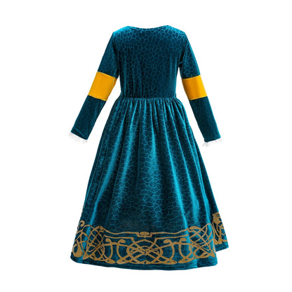 New Cartoon Movie Girls Princess Merida Dress Halloween Brave Princess Costume Children Green Velvet Long Sleeve Vintage Clothes