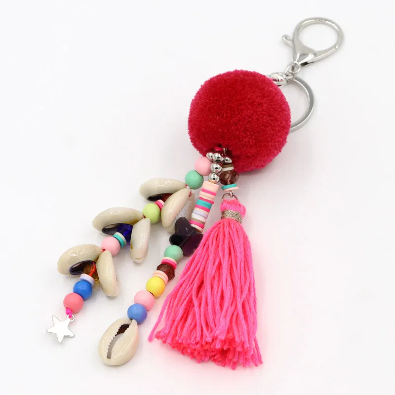 Fashion Jewelry Keychain Women Bag Decoration Accessories Bohemian Car Pendant Shell Tassel Pompom Beaded Key chains