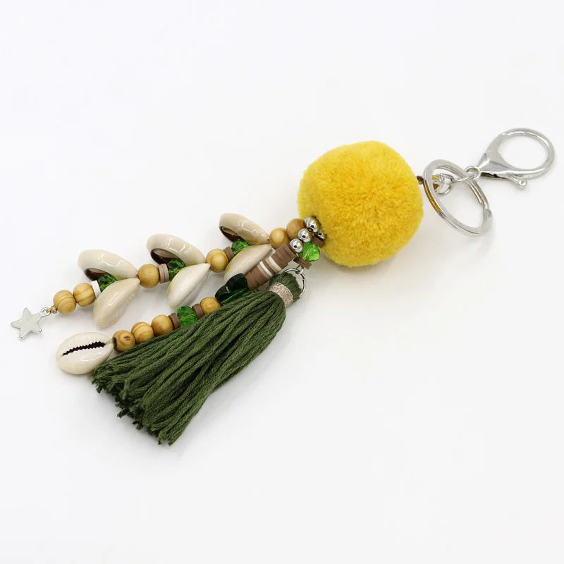 Fashion Jewelry Keychain Women Bag Decoration Accessories Bohemian Car Pendant Shell Tassel Pompom Beaded Key chains