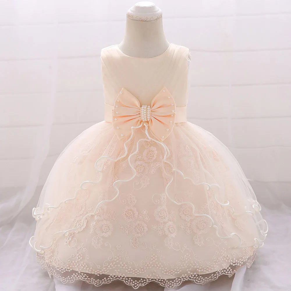 Newborn Baby White Baptism Dress For Girls Toddler Summer Clothes Bow Lace Infant Baby Girl 1st Birthday Princess Party Dresses