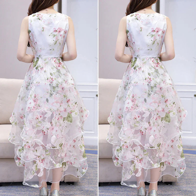 Summer High Low Retro Dress Vintage Women Sleeveless Front Back Short Long Organza Lace Dress Ladies Elegant Party Dress  (Available)