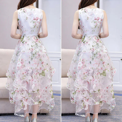 Summer High Low Retro Dress Vintage Women Sleeveless Front Back Short Long Organza Lace Dress Ladies Elegant Party Dress  (Available)