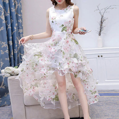 Summer High Low Retro Dress Vintage Women Sleeveless Front Back Short Long Organza Lace Dress Ladies Elegant Party Dress  (Available)