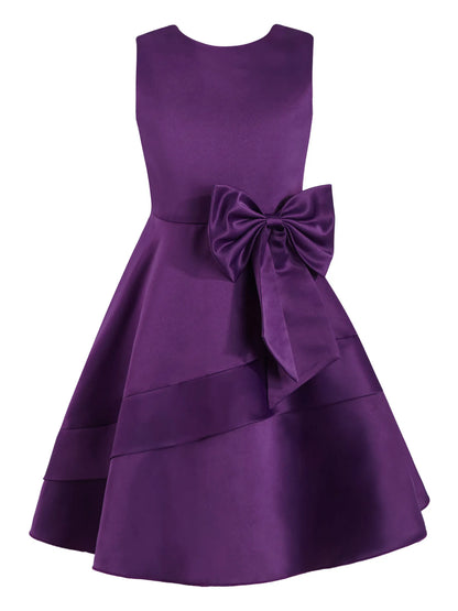 Flower Girl Dress for Kid Wedding Junior Bridesmaid Communion Party Pageant Sleeveless Big Bowknot Decor Satin A-Line Dresses