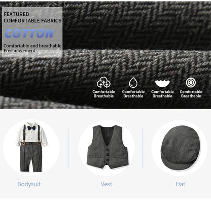 Newborn Boy Formal Clothes Set Infant Boy Gentleman Birthday Romper Outfit With Hat Vest Long Sleeve Infant Jumpsuit Suit Formal