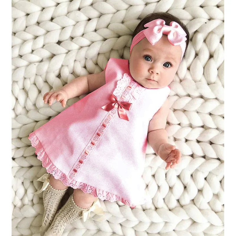 Newborn Baby Girls Dresses Summer Cute Bow Sleeveless Princess Party Birthday Lace Dress+Headband 2Pcs Kids Toddler Clothes A405