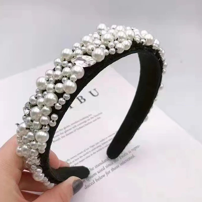 Women Girls Baroque  Pearl Glass Beads  Rhinestone Hairband Headband Adult Hair Accessories
