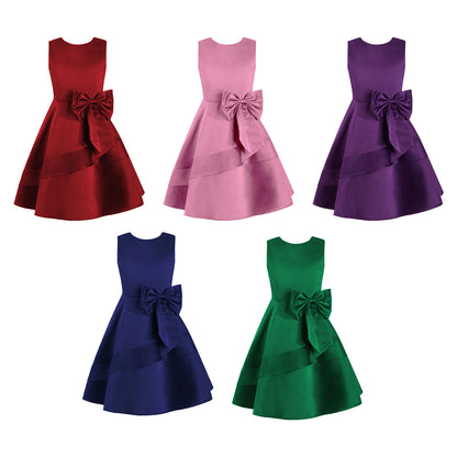 Flower Girl Dress for Kid Wedding Junior Bridesmaid Communion Party Pageant Sleeveless Big Bowknot Decor Satin A-Line Dresses