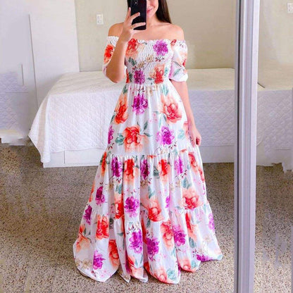 Fashion Ladies Long Summer One-shoulder Floral Dress  (Available)