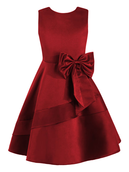 Flower Girl Dress for Kid Wedding Junior Bridesmaid Communion Party Pageant Sleeveless Big Bowknot Decor Satin A-Line Dresses