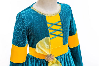 New Cartoon Movie Girls Princess Merida Dress Halloween Brave Princess Costume Children Green Velvet Long Sleeve Vintage Clothes