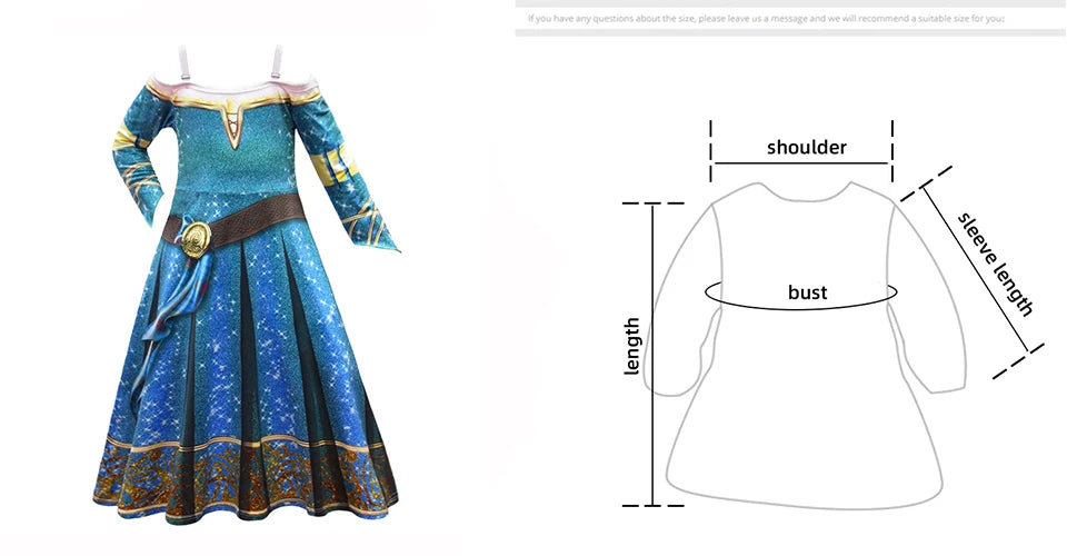 New Cartoon Movie Girls Princess Merida Dress Halloween Brave Princess Costume Children Green Velvet Long Sleeve Vintage Clothes