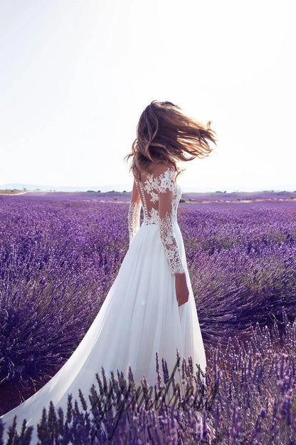 Women's Sexy Party Dinner Dresses White Long-sleeve Perspective Lace Wedding Slim High Waist Big Swing Ladies Long Dress