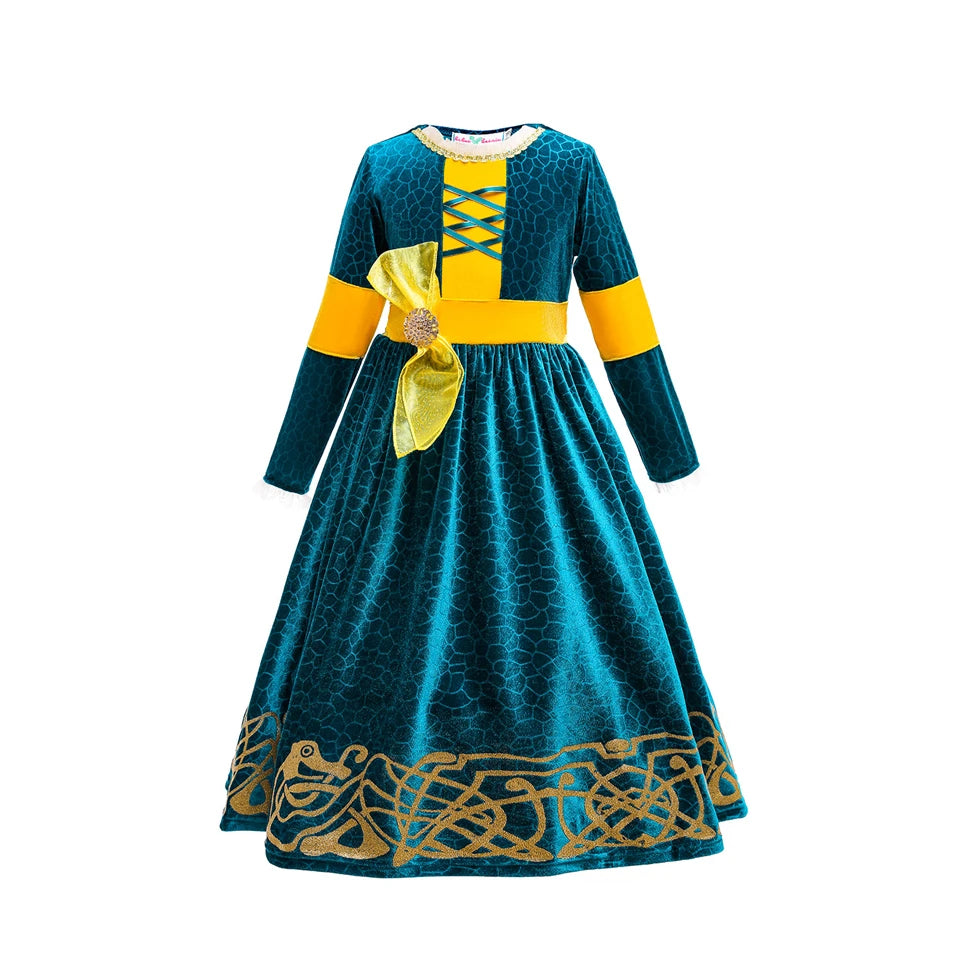 New Cartoon Movie Girls Princess Merida Dress Halloween Brave Princess Costume Children Green Velvet Long Sleeve Vintage Clothes