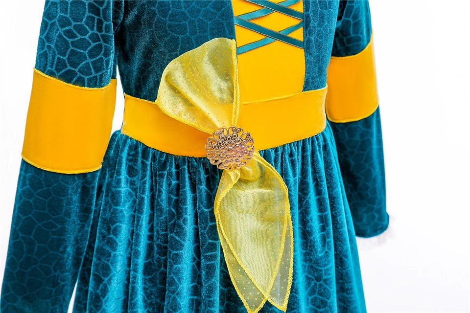 New Cartoon Movie Girls Princess Merida Dress Halloween Brave Princess Costume Children Green Velvet Long Sleeve Vintage Clothes