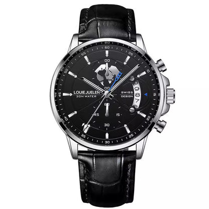 Business Three-eye Timing Leather Luminous Watch Steel Band
