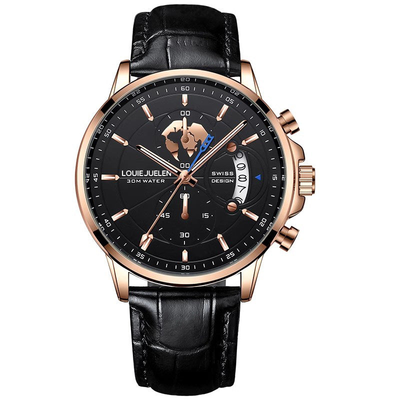 Business Three-eye Timing Leather Luminous Watch Steel Band