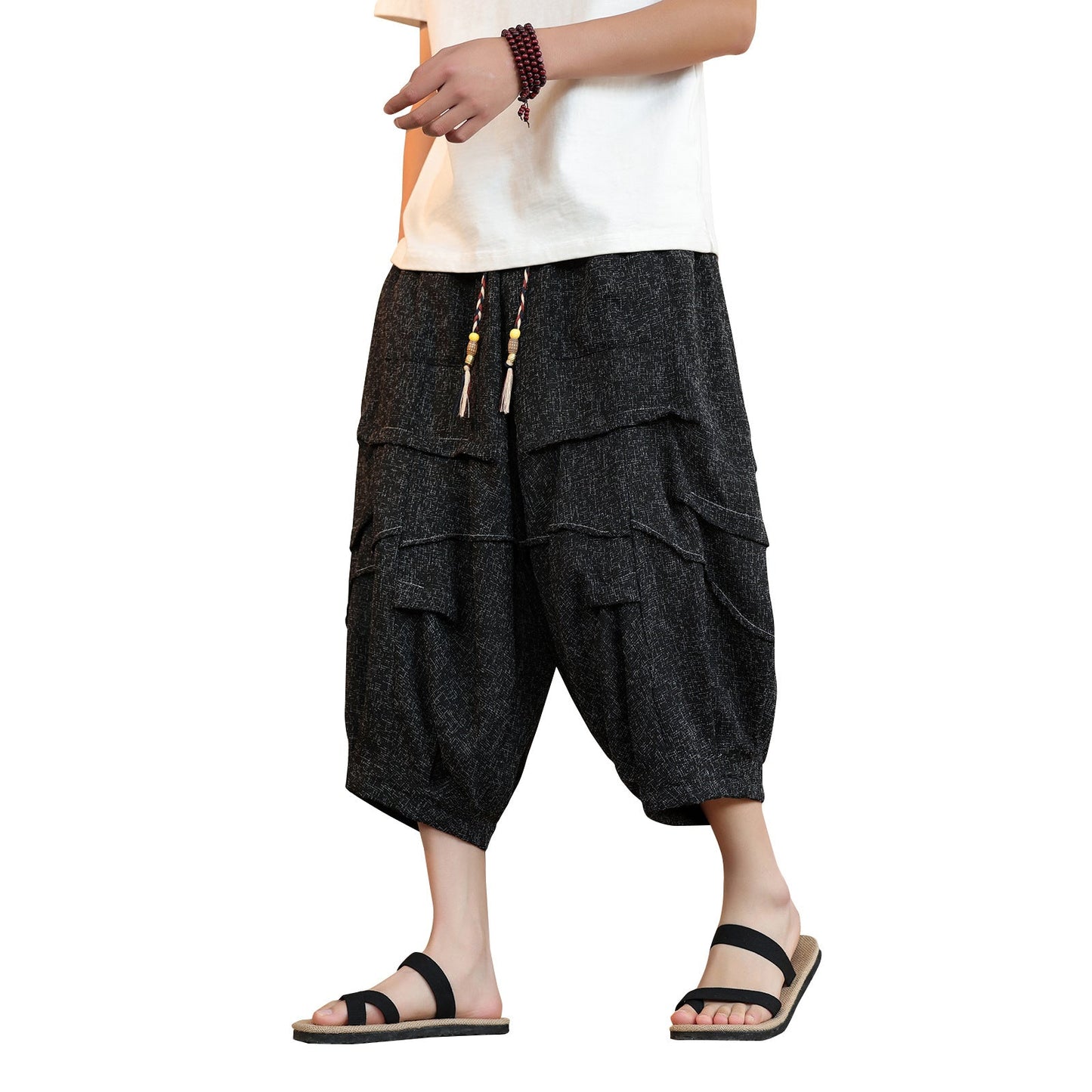 New Chinese Style Ice Silk Draping Pleated Cropped Pants Loose Men's Wide-leg Pants (Available)