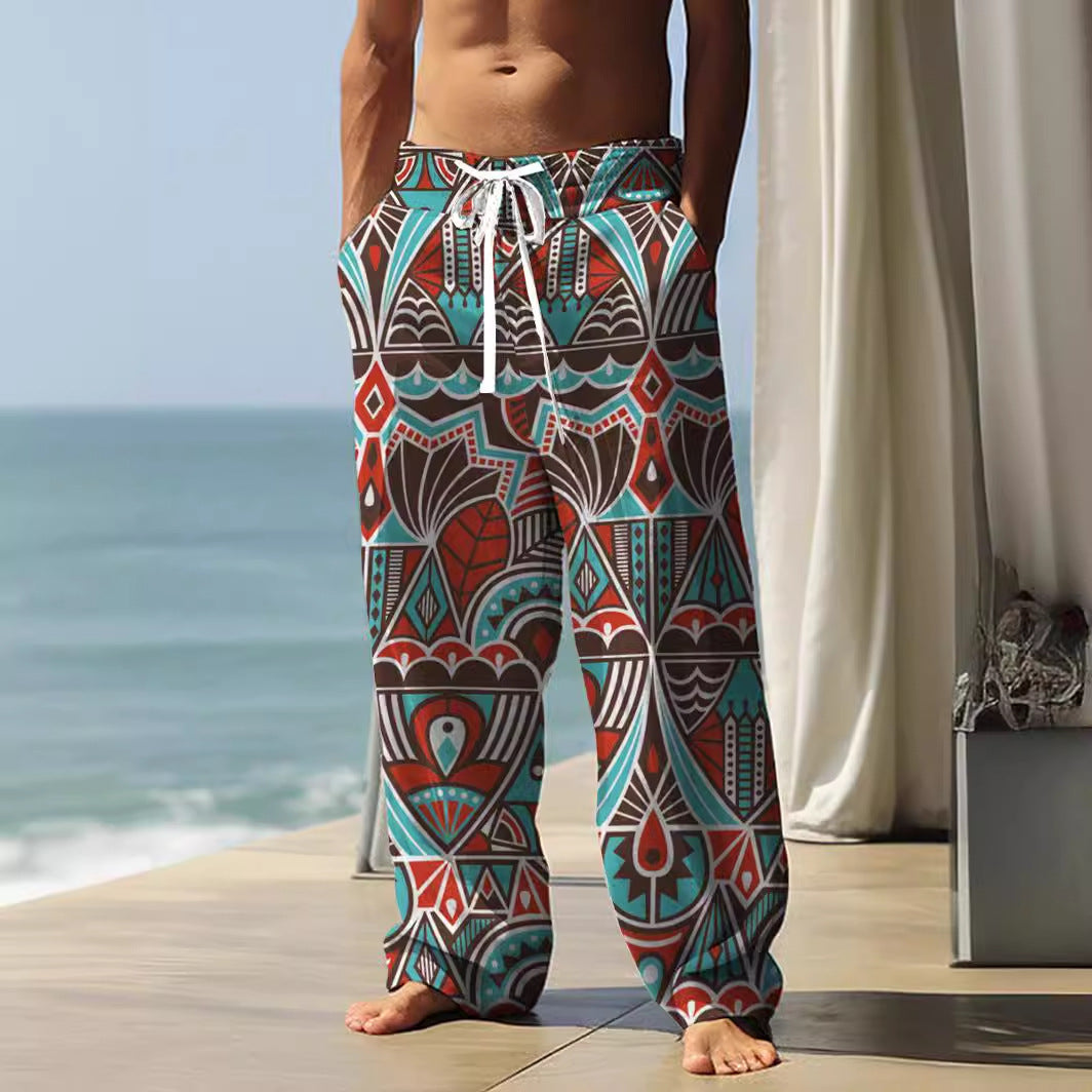 Autumn Men's Health Cloth Straight-leg Pants 3D Digital Vintage Print Ethnic Style Baggy Pant  (Available)