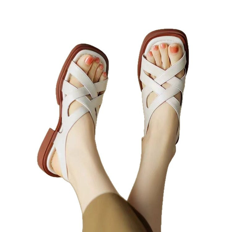 Women's Patent Leather Low Heel Square Toe Beach Sandals  (Available)