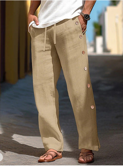 Men's Linen Trousers Drawstring Elastic Waist Side Buckle Solid Color Breathable Comfortable (Available)