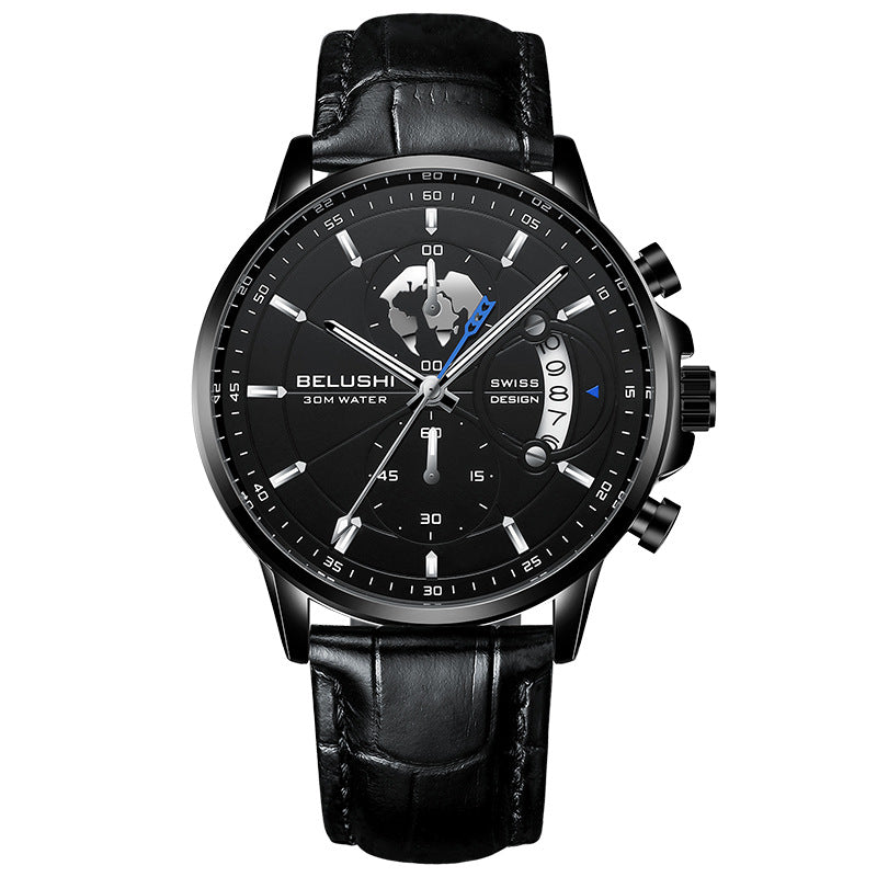 Business Three-eye Timing Leather Luminous Watch Steel Band