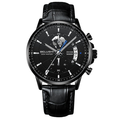 Business Three-eye Timing Leather Luminous Watch Steel Band
