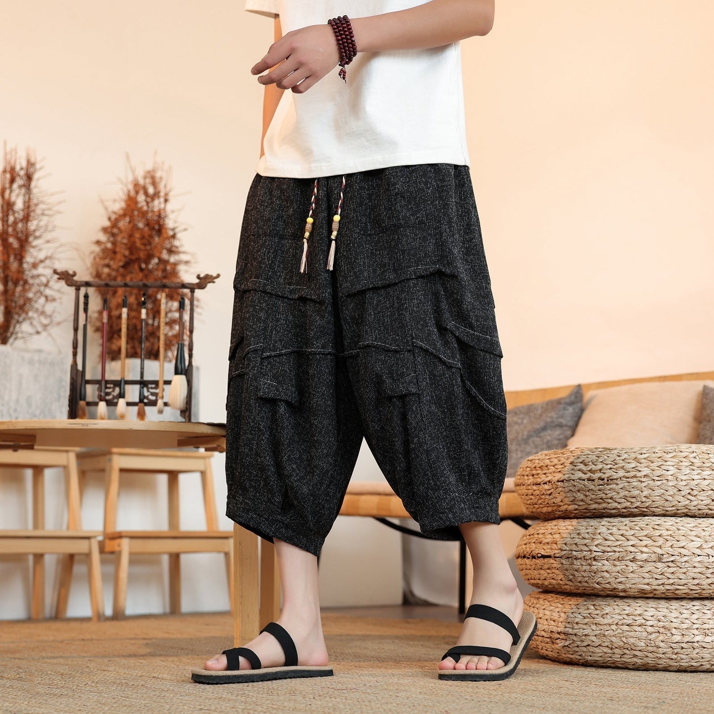 New Chinese Style Ice Silk Draping Pleated Cropped Pants Loose Men's Wide-leg Pants (Available)