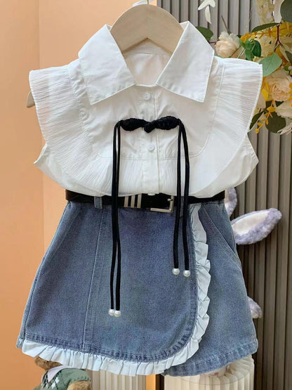 Girls princess style suit  summer new baby girl flying sleeve shirt + denim lace skirt pants two-piece suit (Available)