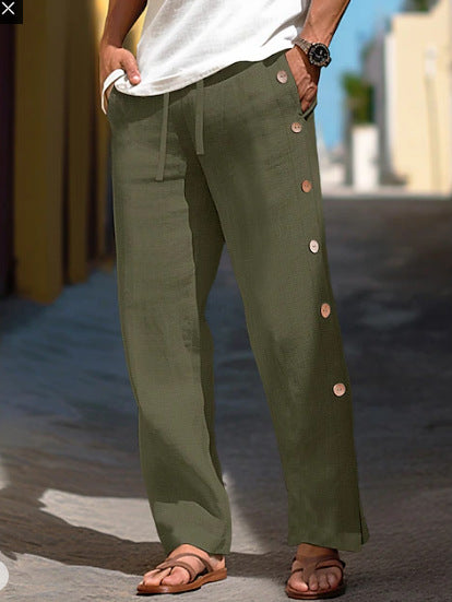 Men's Linen Trousers Drawstring Elastic Waist Side Buckle Solid Color Breathable Comfortable (Available)