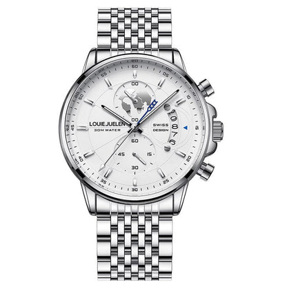 Business Three-eye Timing Leather Luminous Watch Steel Band