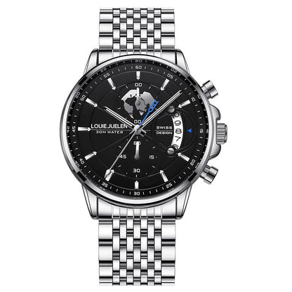 Business Three-eye Timing Leather Luminous Watch Steel Band