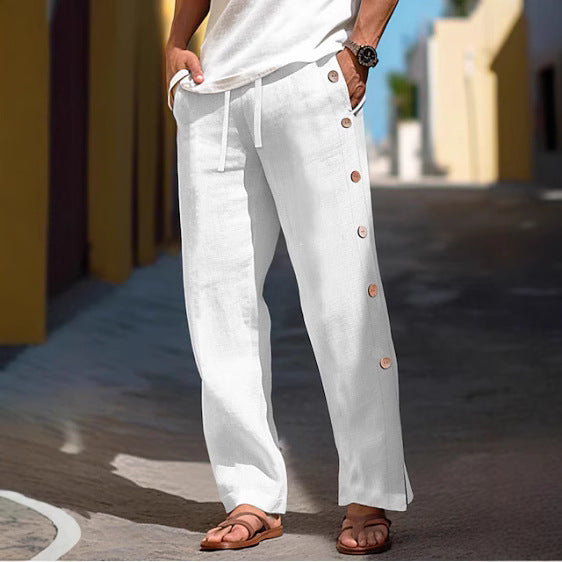 Men's Linen Trousers Drawstring Elastic Waist Side Buckle Solid Color Breathable Comfortable (Available)