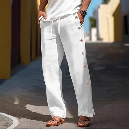 Men's Linen Trousers Drawstring Elastic Waist Side Buckle Solid Color Breathable Comfortable (Available)