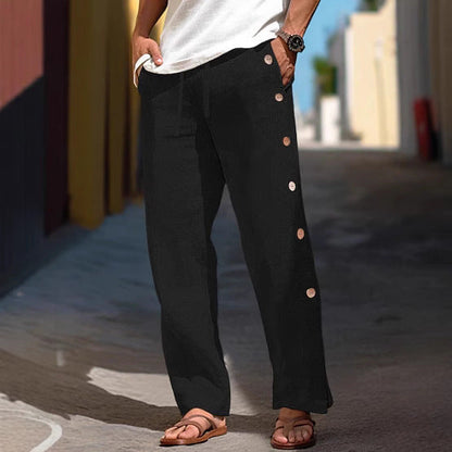 Men's Linen Trousers Drawstring Elastic Waist Side Buckle Solid Color Breathable Comfortable (Available)