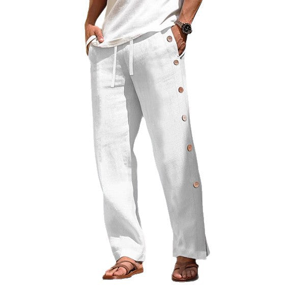 Men's Linen Trousers Drawstring Elastic Waist Side Buckle Solid Color Breathable Comfortable (Available)