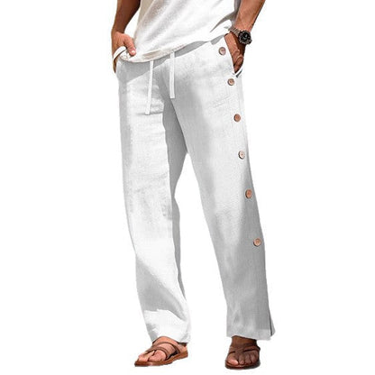Men's Linen Trousers Drawstring Elastic Waist Side Buckle Solid Color Breathable Comfortable (Available)