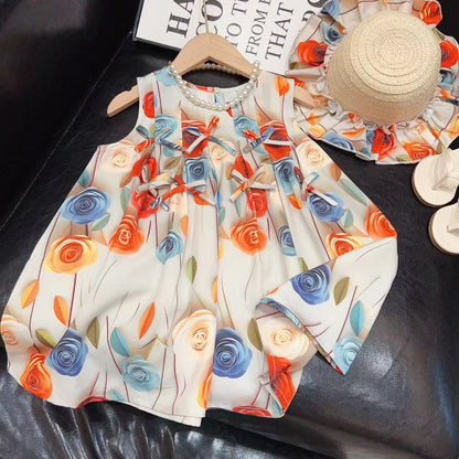 Girls Rose Flower Bowknot Dress 2025 Baby Sweet Princess Dress Sleeveless Vest Dress with Hat  (Available)