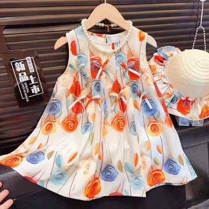 Girls Rose Flower Bowknot Dress 2025 Baby Sweet Princess Dress Sleeveless Vest Dress with Hat  (Available)