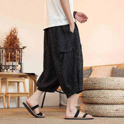 New Chinese Style Ice Silk Draping Pleated Cropped Pants Loose Men's Wide-leg Pants (Available)