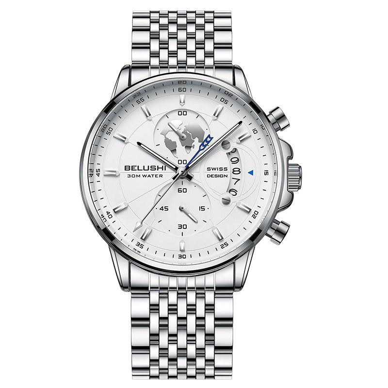 Business Three-eye Timing Leather Luminous Watch Steel Band