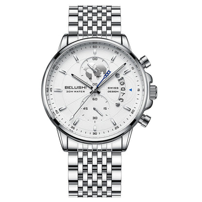 Business Three-eye Timing Leather Luminous Watch Steel Band
