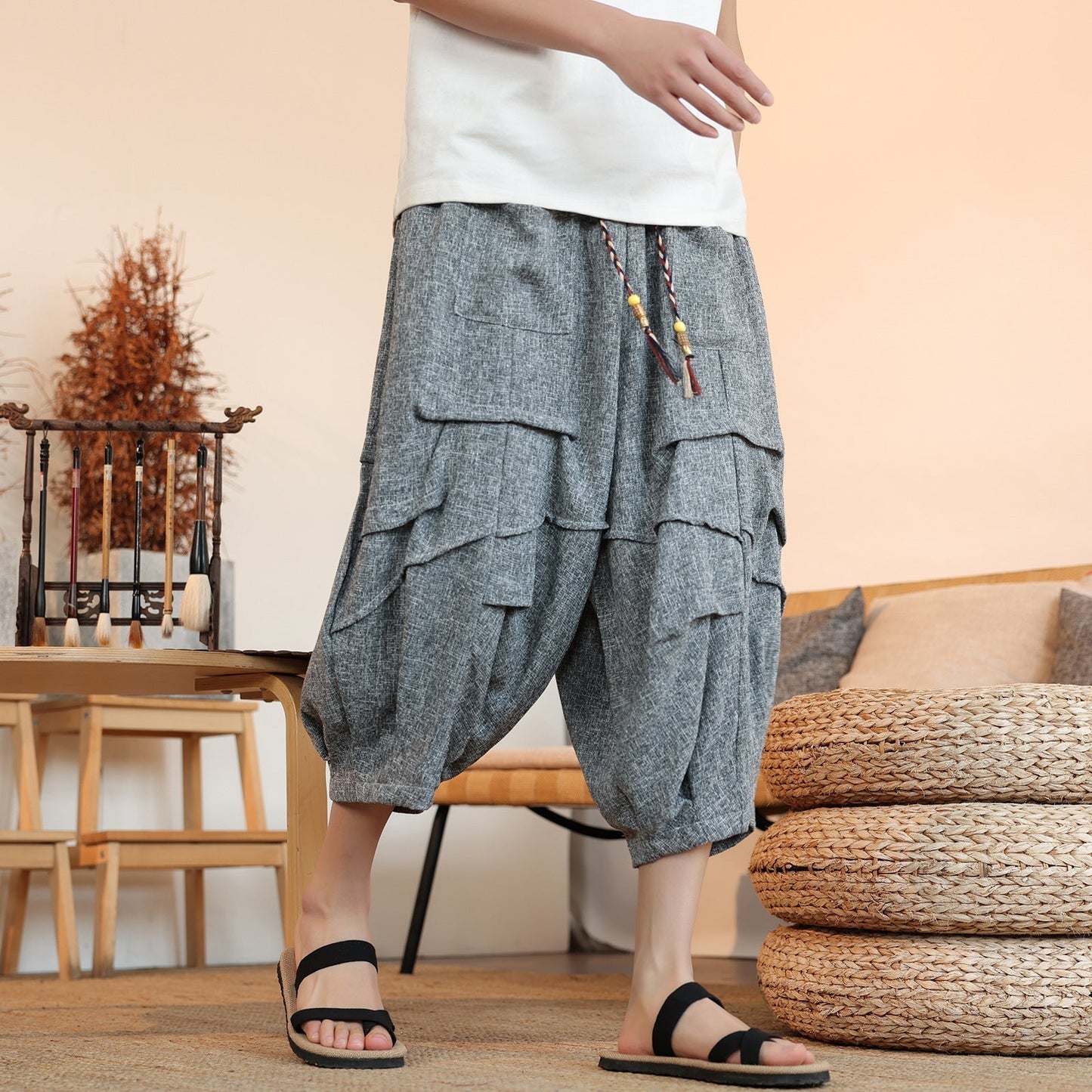 New Chinese Style Ice Silk Draping Pleated Cropped Pants Loose Men's Wide-leg Pants (Available)