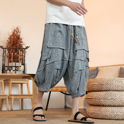 New Chinese Style Ice Silk Draping Pleated Cropped Pants Loose Men's Wide-leg Pants (Available)