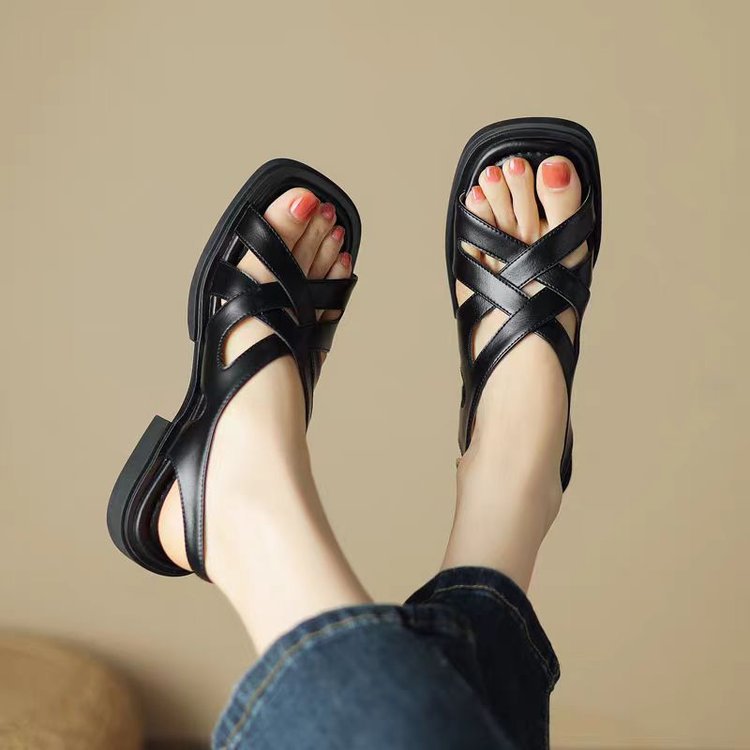 Women's Patent Leather Low Heel Square Toe Beach Sandals  (Available)