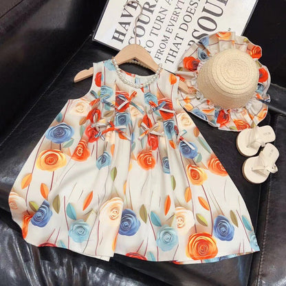 Girls Rose Flower Bowknot Dress 2025 Baby Sweet Princess Dress Sleeveless Vest Dress with Hat  (Available)