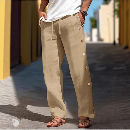 Men's Linen Trousers Drawstring Elastic Waist Side Buckle Solid Color Breathable Comfortable (Available)