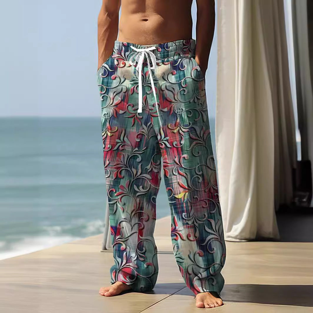 Autumn Men's Health Cloth Straight-leg Pants 3D Digital Vintage Print Ethnic Style Baggy Pant  (Available)